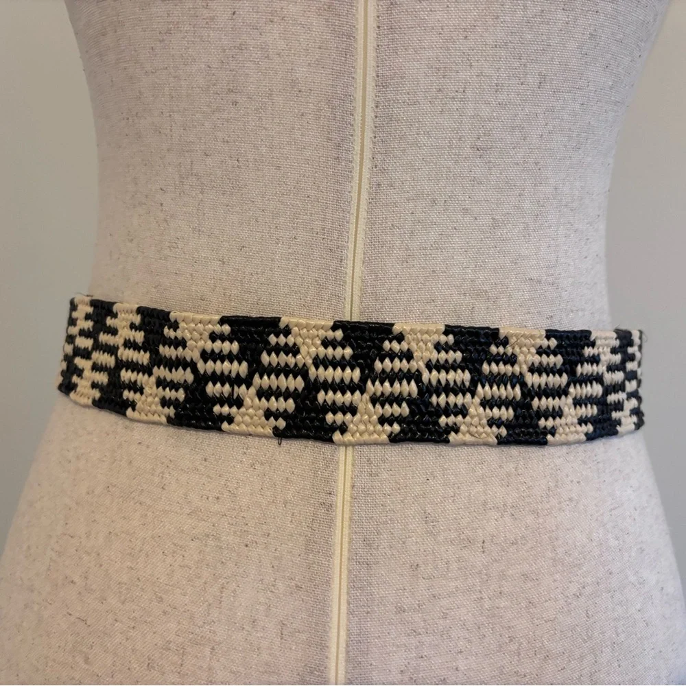 Black White Woven Stretch Belt Bamboo Buckle Boho Resort Waist Belt